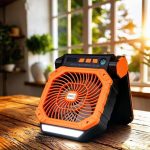Portable rechargeable solar fan with built-in LED light for camping, emergency backup, and home use.