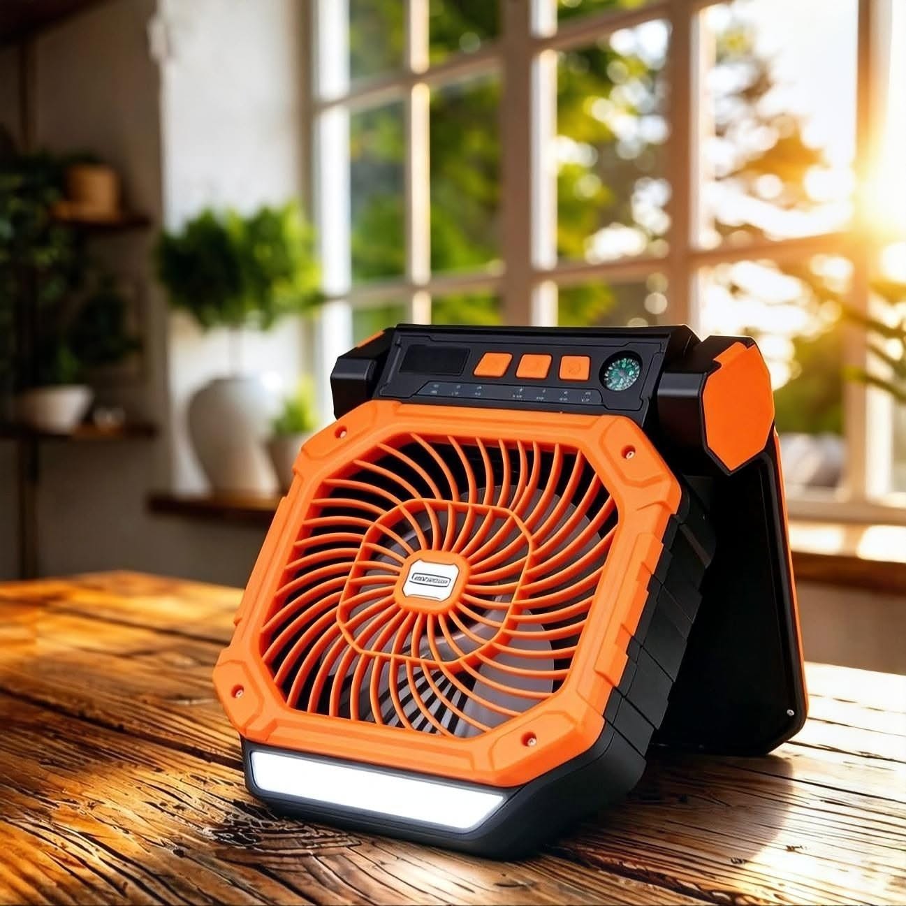 Portable rechargeable solar fan with built-in LED light for camping, emergency backup, and home use.